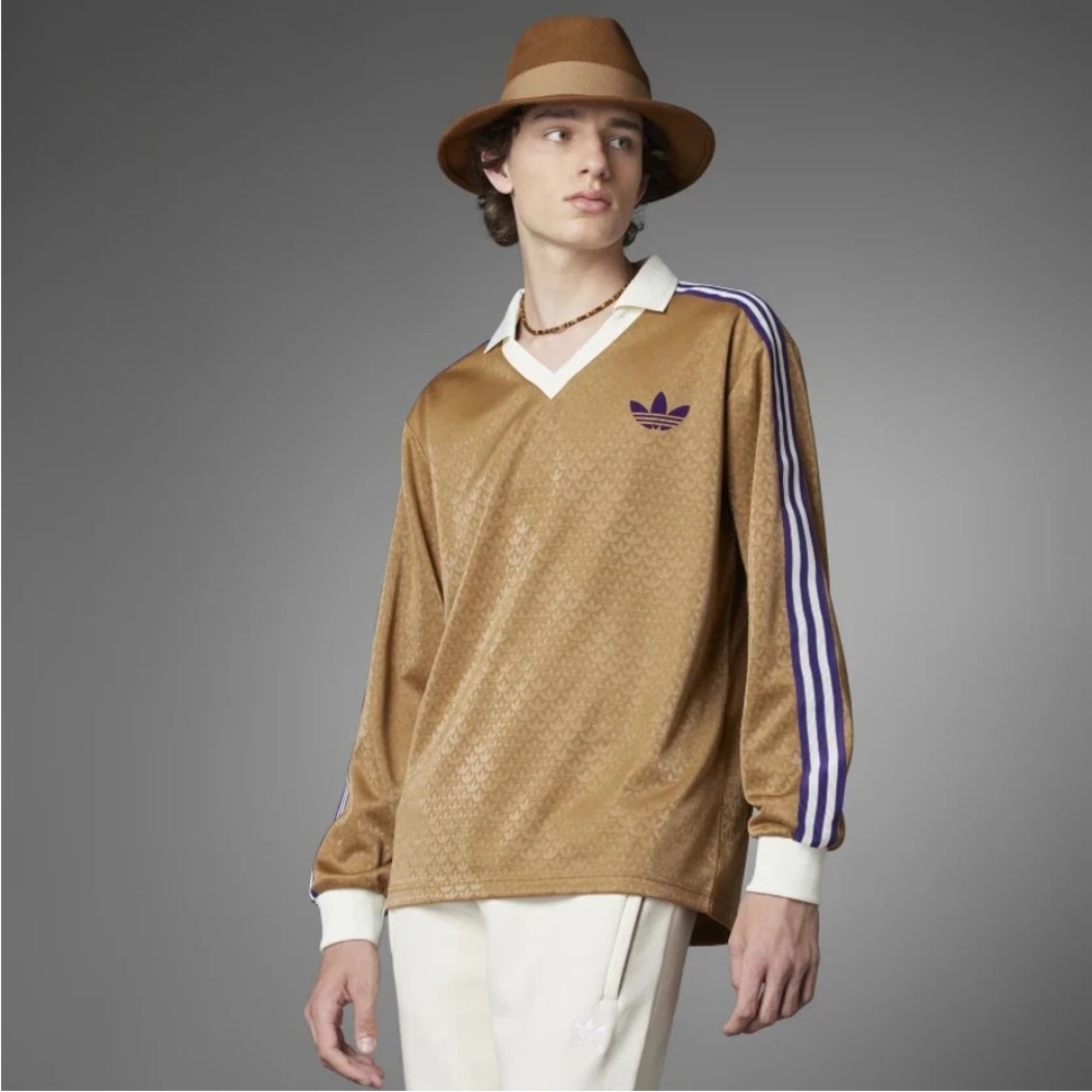 Adidas Originals Trefoil Monogram Jersey Top Tan Purple Logo Streetwear - Picture 6 of 7